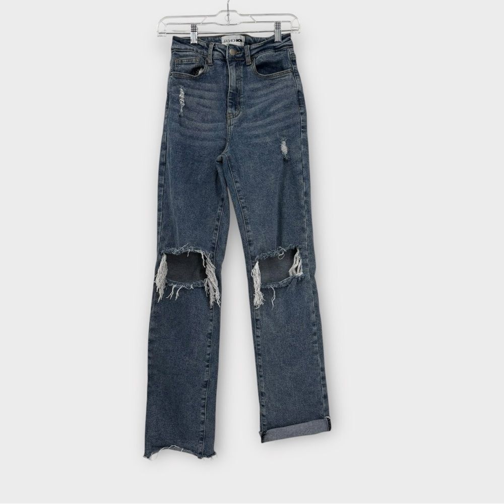 Fashion Nova High Waist Straight Leg Jean in Distressed Blue Women’s Size 3